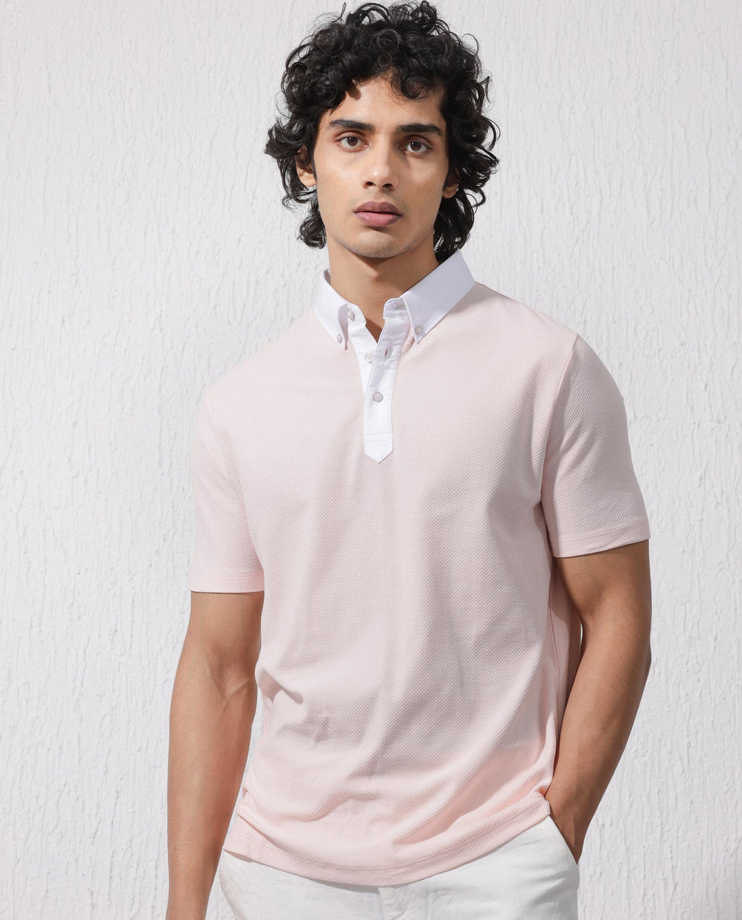 Rare Rabbit Mens Parma-2 Pastel Pink Short Sleeve Solid Polo T-Shirt