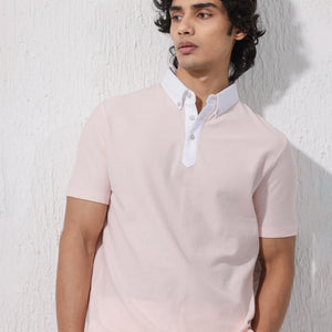 Rare Rabbit Mens Parma-2 Pastel Pink Short Sleeve Solid Polo T-Shirt