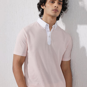 Rare Rabbit Mens Parma-2 Pastel Pink Short Sleeve Solid Polo T-Shirt