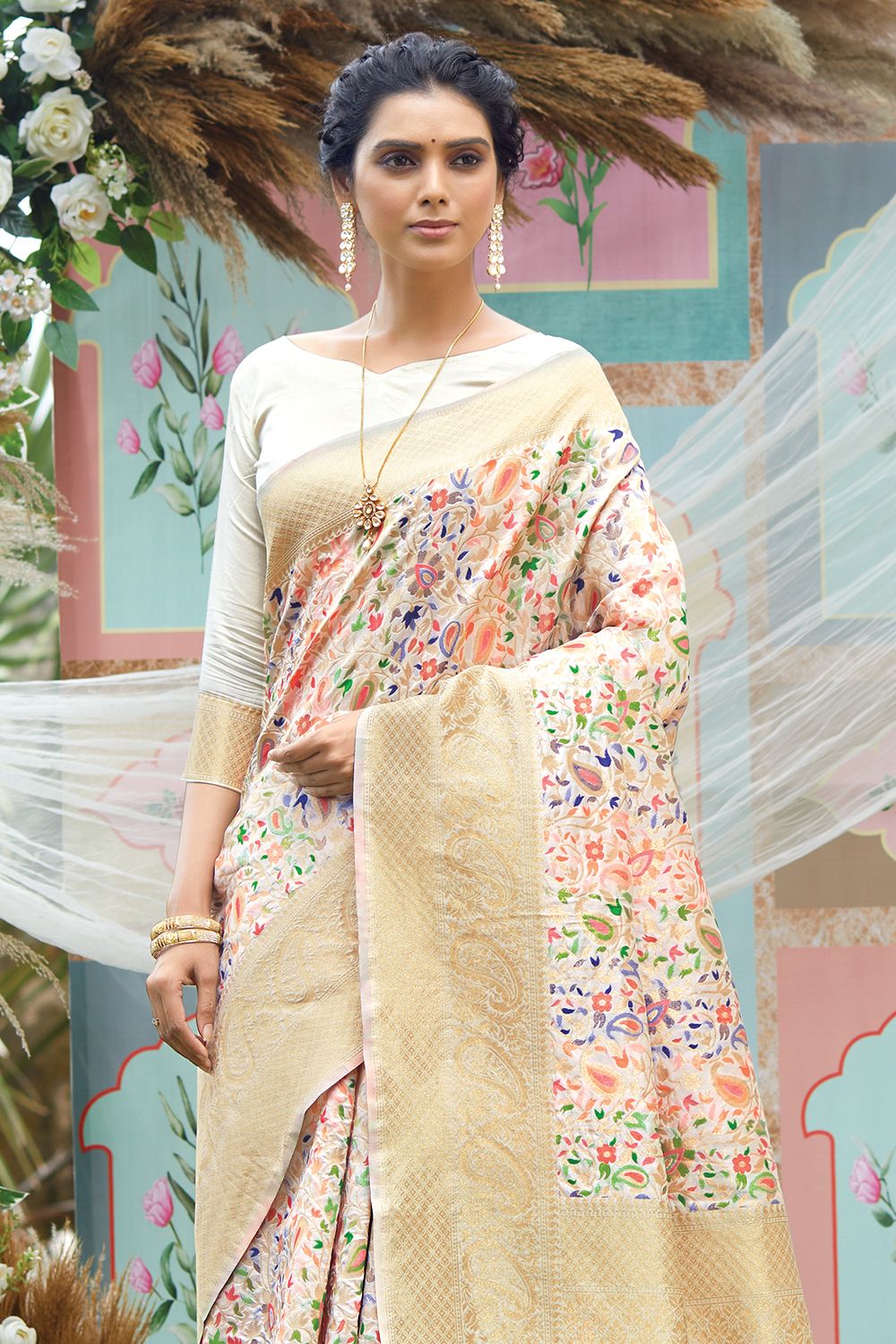 Off White Pashmina Silk saree