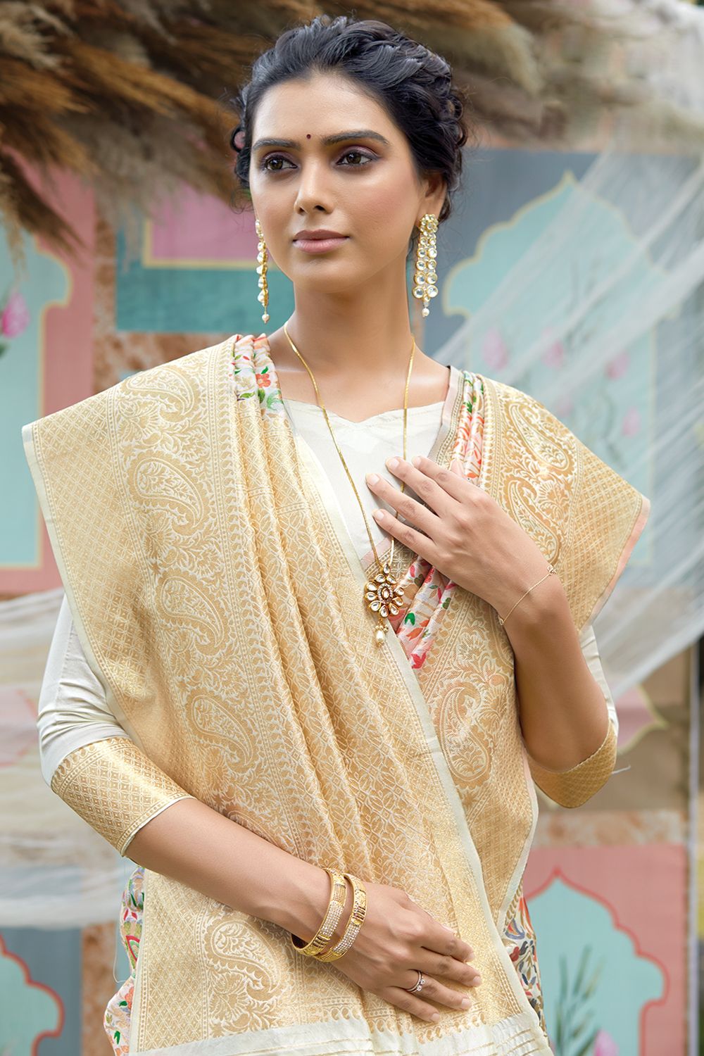 Off White Pashmina Silk saree