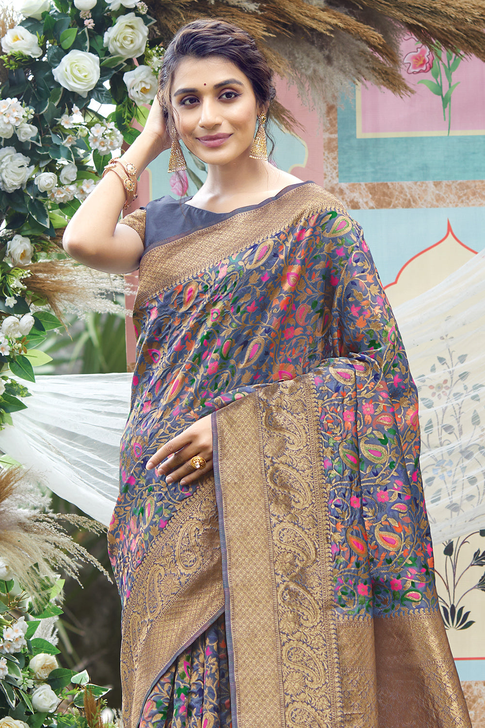 Spruce Blue Pashmina Silk saree
