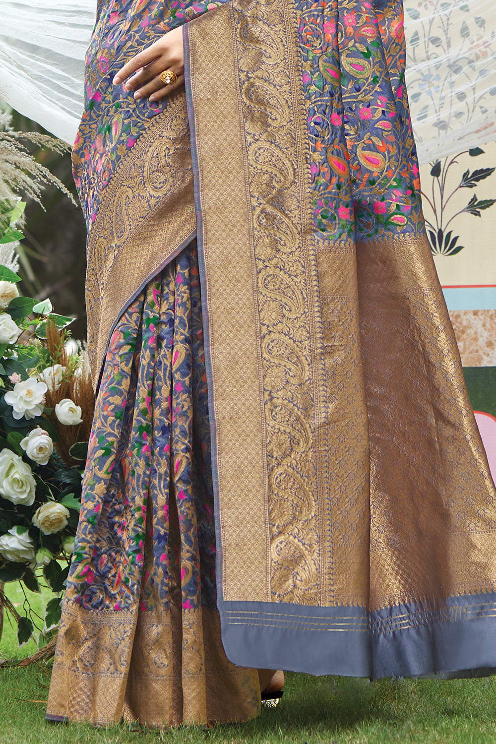 Spruce Blue Pashmina Silk saree