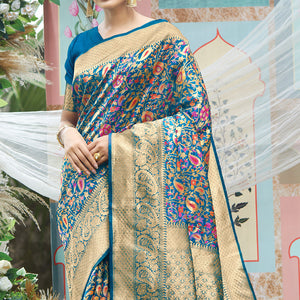 Cerulean Blue Pashmina Silk saree