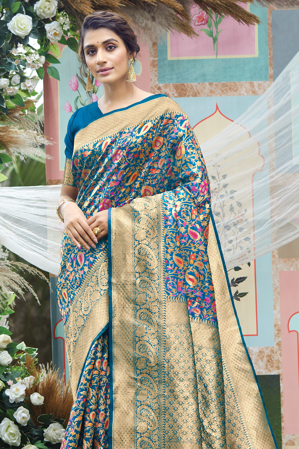 Cerulean Blue Pashmina Silk saree