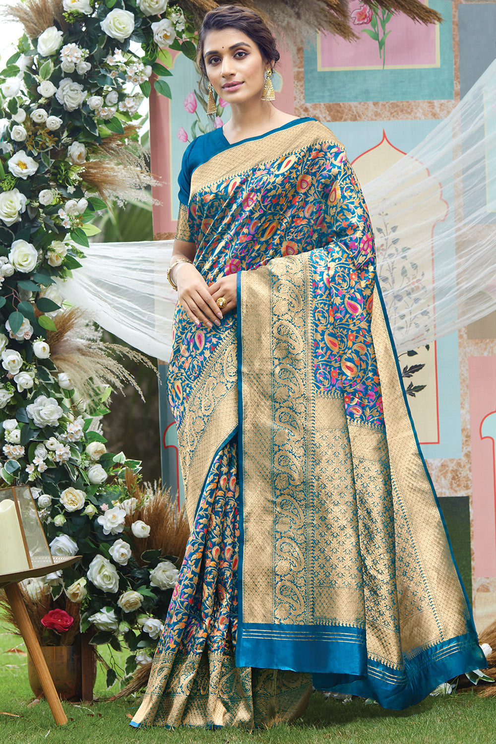 Cerulean Blue Pashmina Silk saree