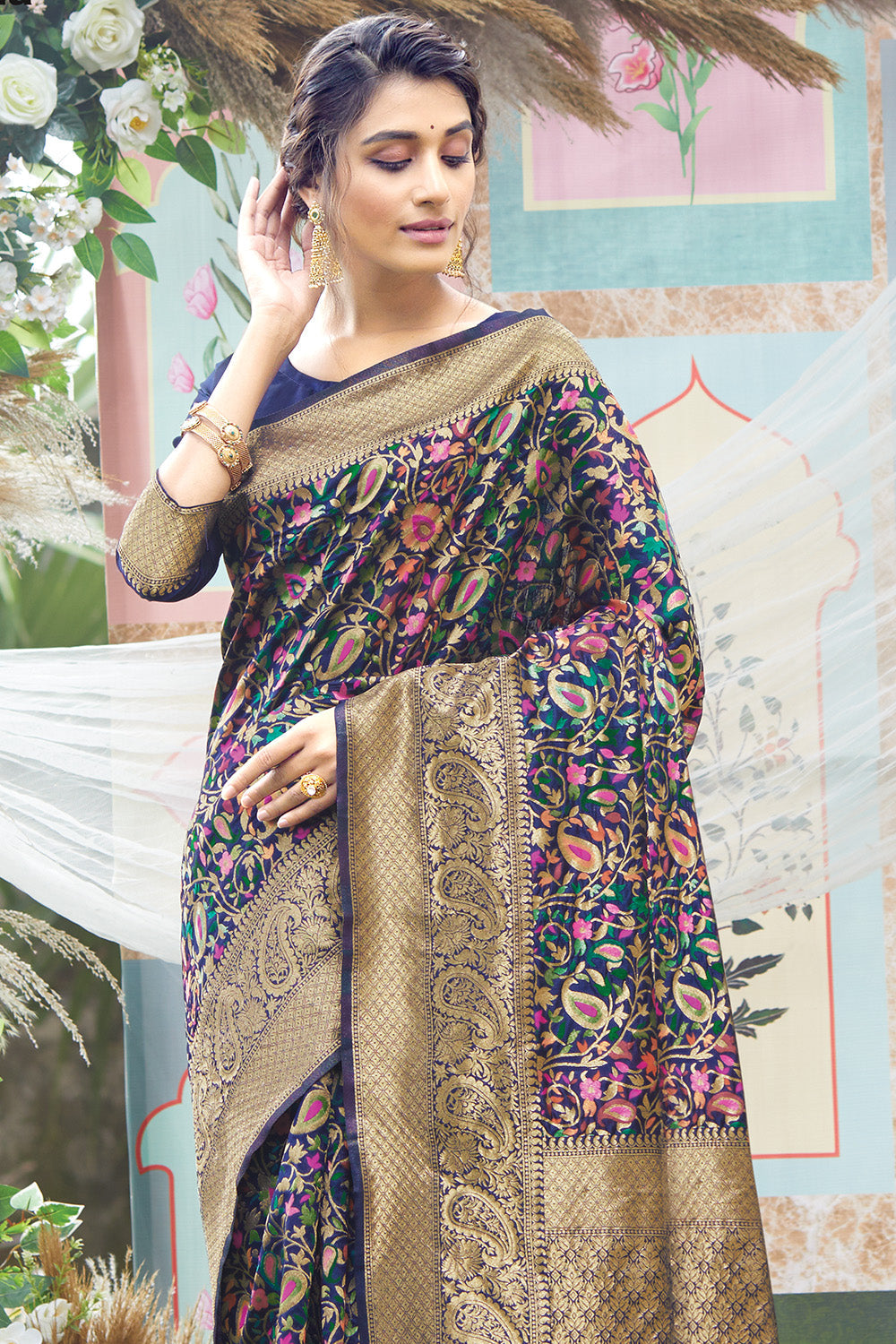Indigo Blue Pashmina Silk saree