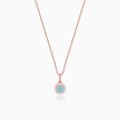 Rose Gold Blue Halo Pendant With Link Chain