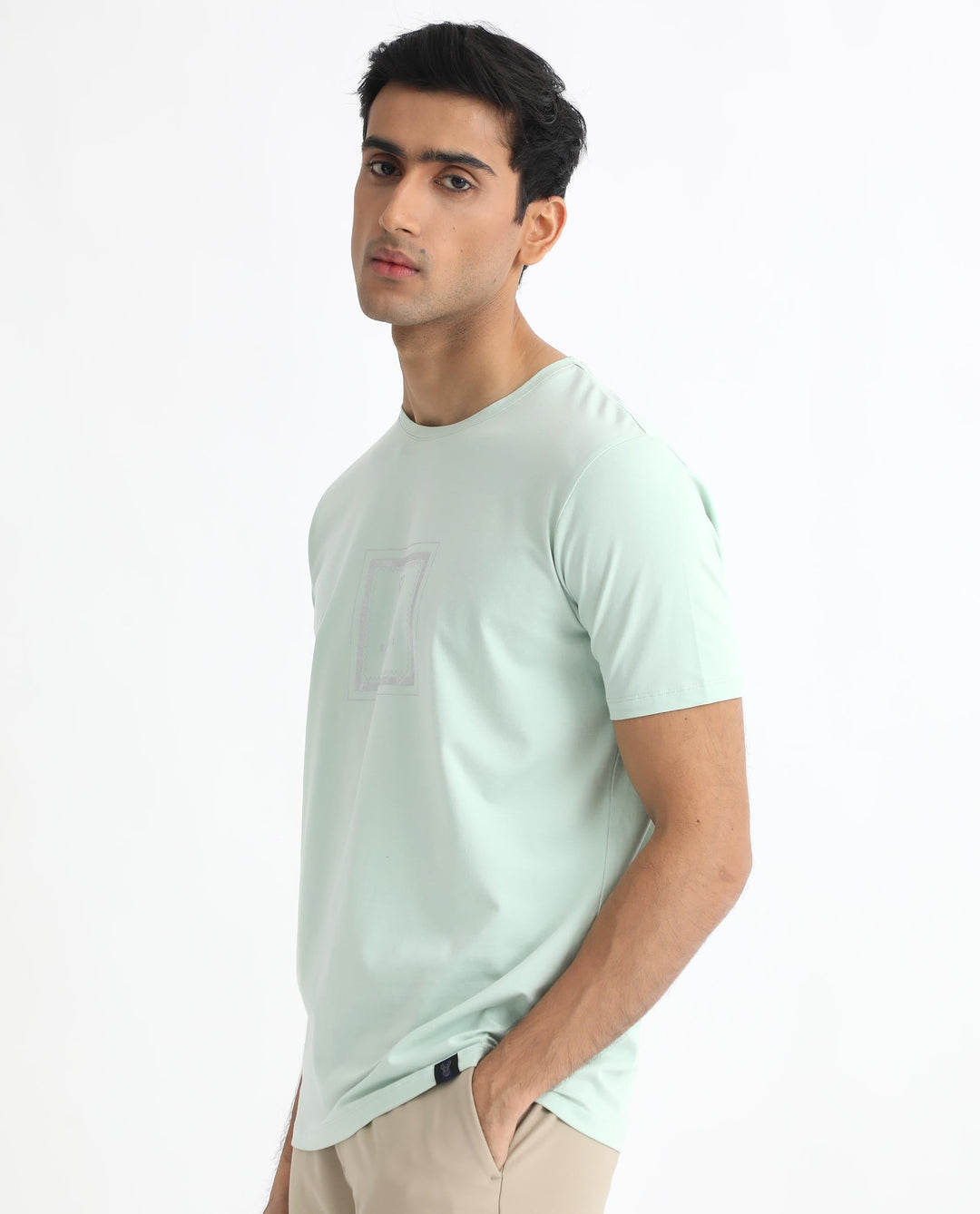 Rare Rabbit Men's Pico Light Green Crew Neck Half Sleeves Regular Fit Graphic Printed Logo T-Shirt