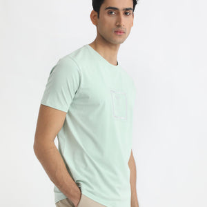 Rare Rabbit Men's Pico Light Green Crew Neck Half Sleeves Regular Fit Graphic Printed Logo T-Shirt