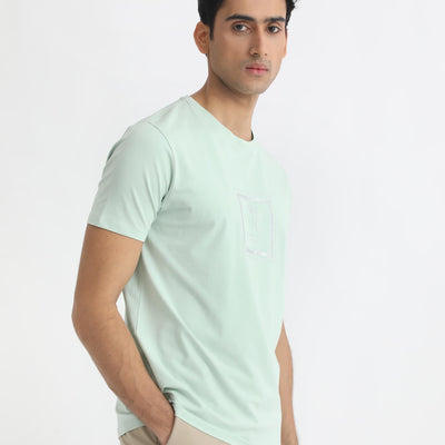 Rare Rabbit Men's Pico Light Green Crew Neck Half Sleeves Regular Fit Graphic Printed Logo T-Shirt