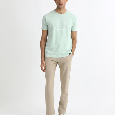 Rare Rabbit Men's Pico Light Green Crew Neck Half Sleeves Regular Fit Graphic Printed Logo T-Shirt
