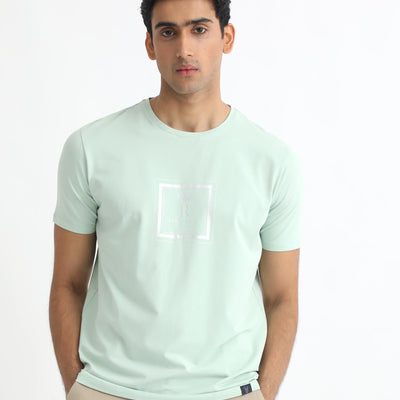 Rare Rabbit Men's Pico Light Green Crew Neck Half Sleeves Regular Fit Graphic Printed Logo T-Shirt
