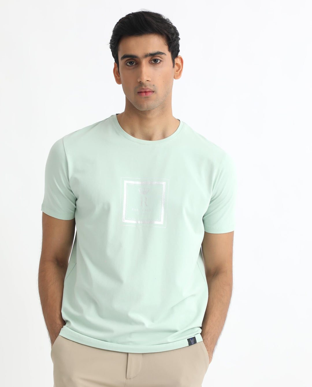 Rare Rabbit Men's Pico Light Green Crew Neck Half Sleeves Regular Fit Graphic Printed Logo T-Shirt