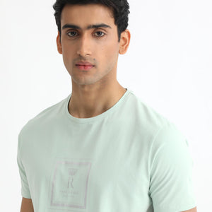 Rare Rabbit Men's Pico Light Green Crew Neck Half Sleeves Regular Fit Graphic Printed Logo T-Shirt