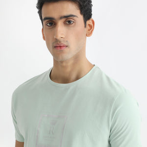 Rare Rabbit Men's Pico Light Green Crew Neck Half Sleeves Regular Fit Graphic Printed Logo T-Shirt