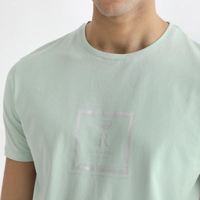 Rare Rabbit Men's Pico Light Green Crew Neck Half Sleeves Regular Fit Graphic Printed Logo T-Shirt