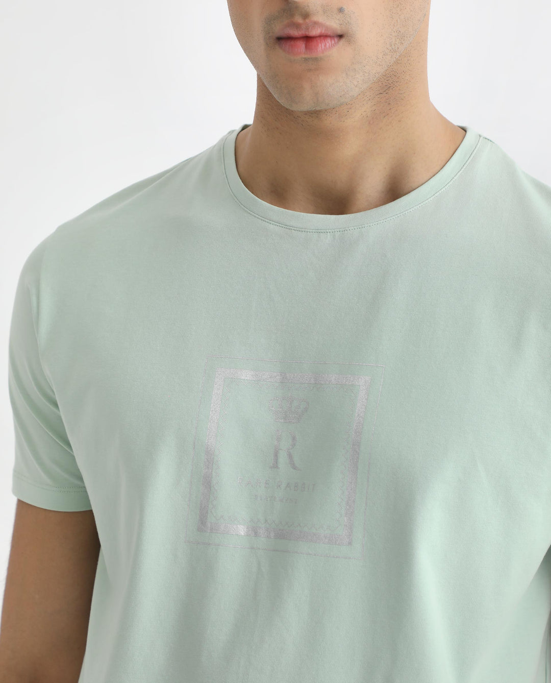 Rare Rabbit Men's Pico Light Green Crew Neck Half Sleeves Regular Fit Graphic Printed Logo T-Shirt