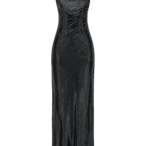 Self-Portrait Black Rhinestone Draped Maxi Dress