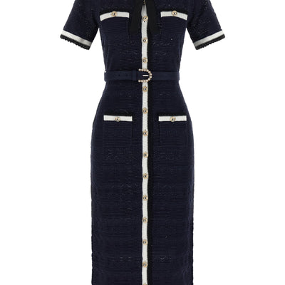 Self-Portrait Navy Pointelle Knit Midi Dress