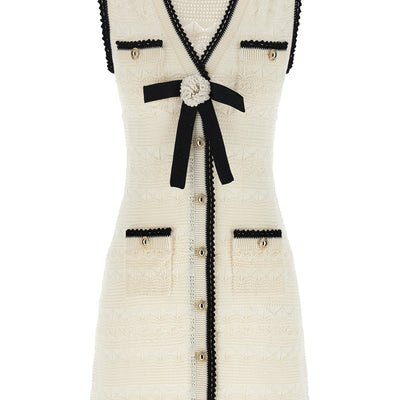 Self-Portrait White Pointelle Knit Mini Dress