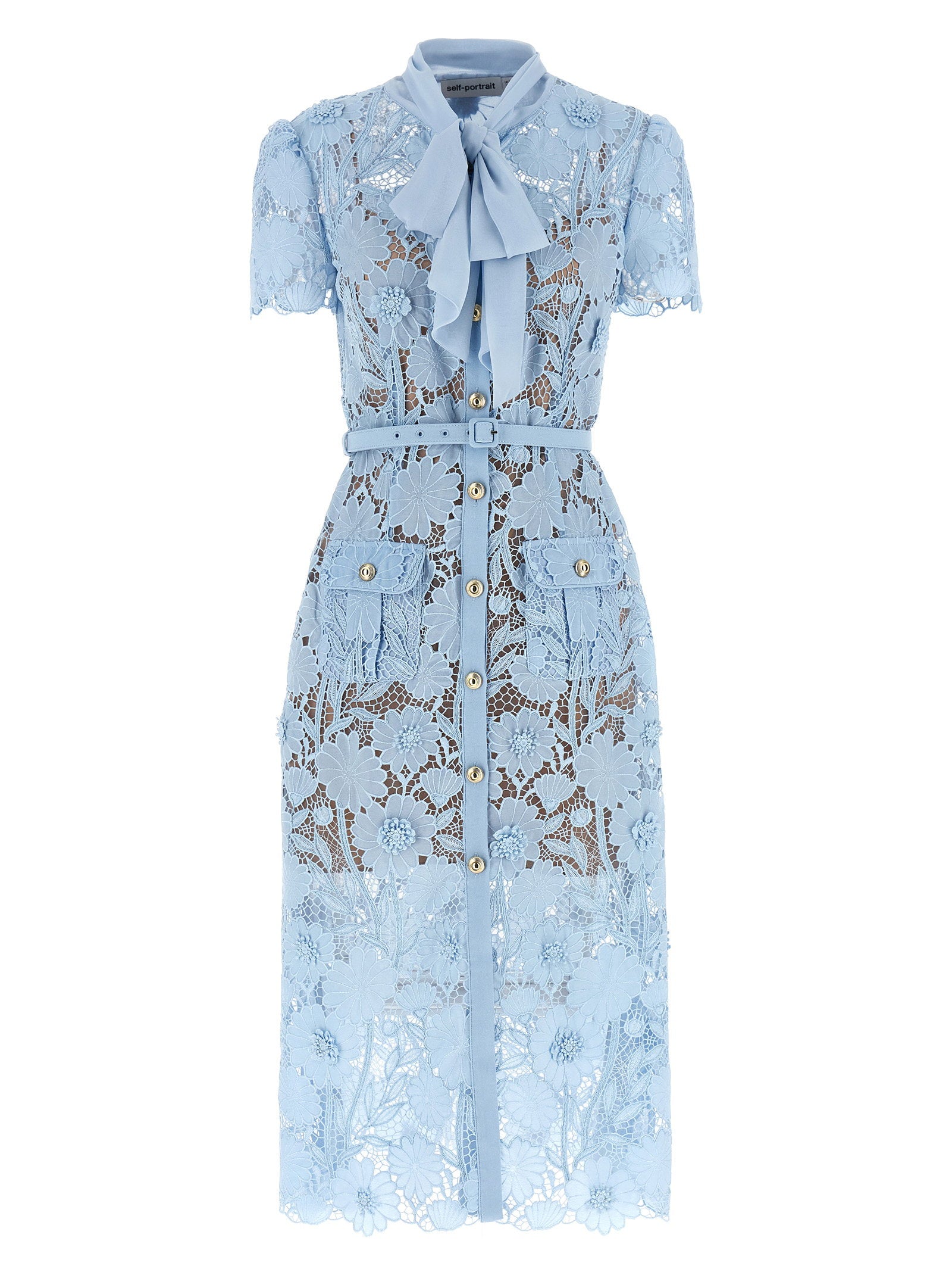 Self-Portrait Blue Lace Tie Neck Midi Dress
