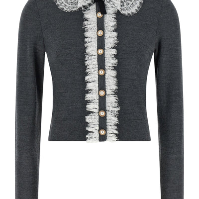 Self-Portrait Grey Lace Collar Knit Cardigan