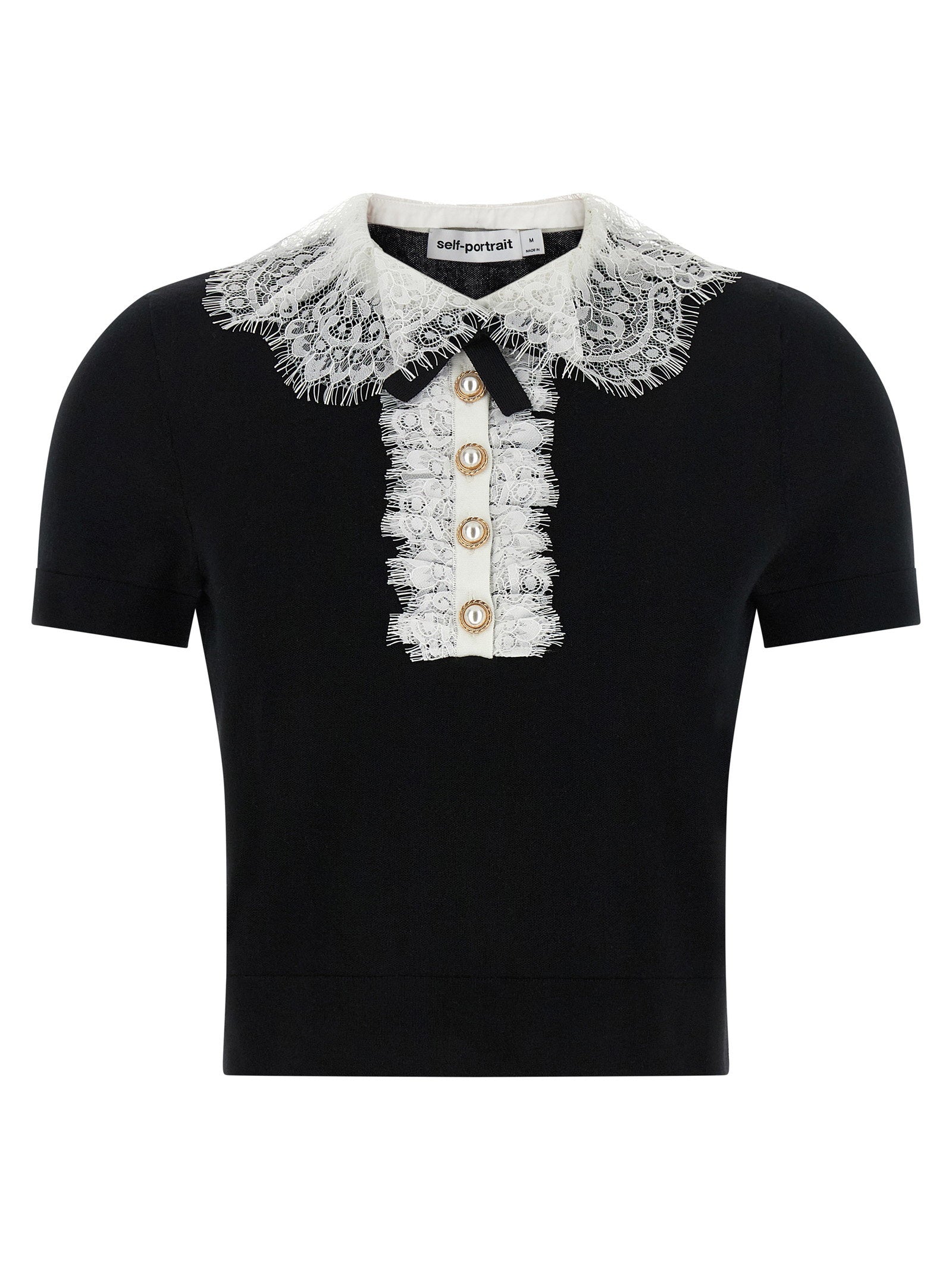Self-Portrait Black Knit Lace Collar Top