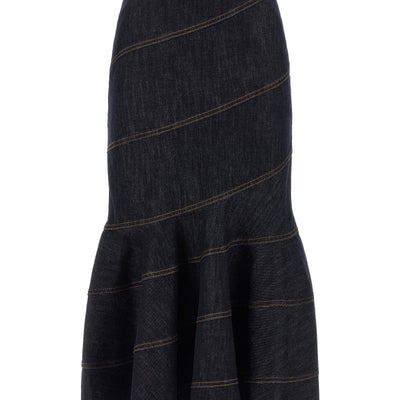 Self-Portrait Indigo Denim Belted Midi Skirt