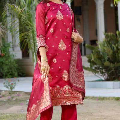 AHIKA Women Maroon Woven Design Kurta Trousers With Dupatta PKSKD1193