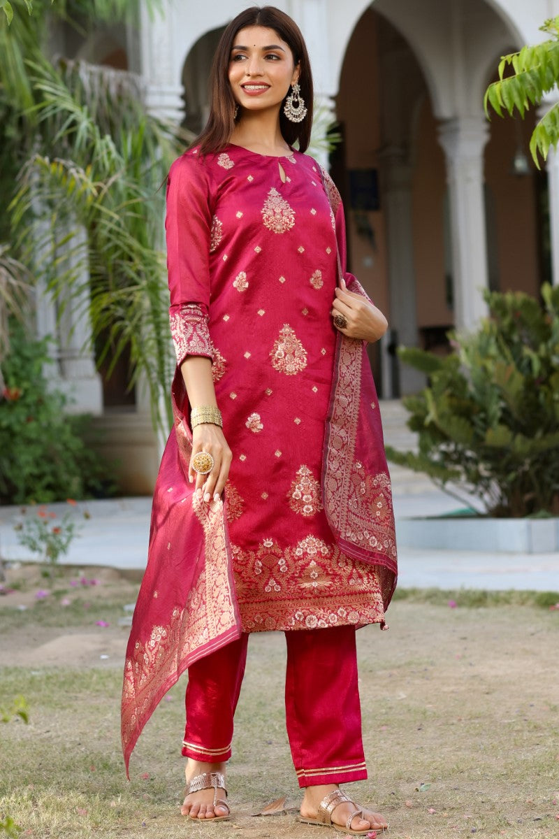AHIKA Women Maroon Woven Design Kurta Trousers With Dupatta PKSKD1193
