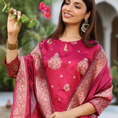 AHIKA Women Maroon Woven Design Kurta Trousers With Dupatta PKSKD1193