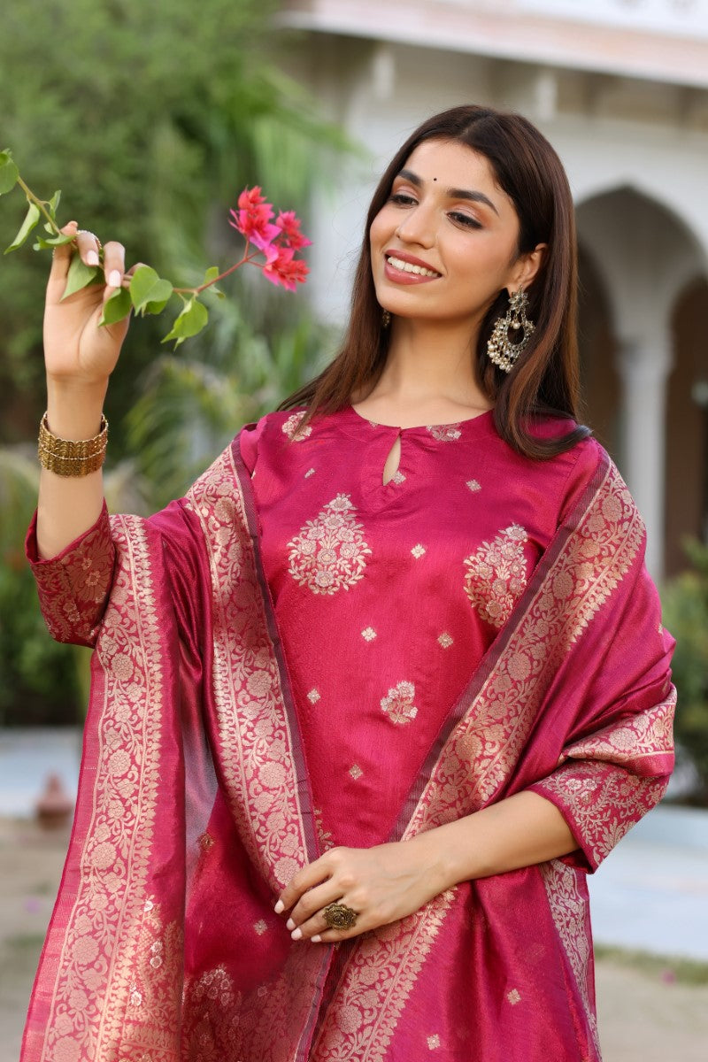 AHIKA Women Maroon Woven Design Kurta Trousers With Dupatta PKSKD1193