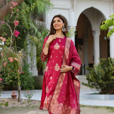 AHIKA Women Maroon Woven Design Kurta Trousers With Dupatta PKSKD1193