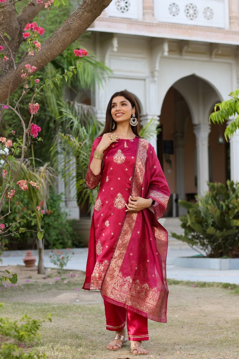 AHIKA Women Maroon Woven Design Kurta Trousers With Dupatta PKSKD1193