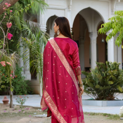 AHIKA Women Maroon Woven Design Kurta Trousers With Dupatta PKSKD1193
