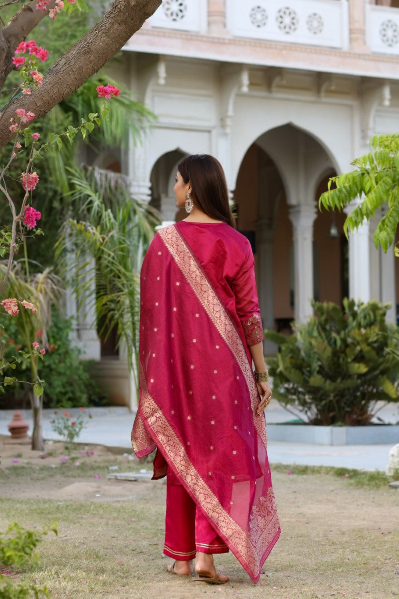 AHIKA Women Maroon Woven Design Kurta Trousers With Dupatta PKSKD1193