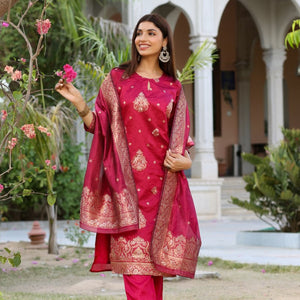 AHIKA Women Maroon Woven Design Kurta Trousers With Dupatta PKSKD1193