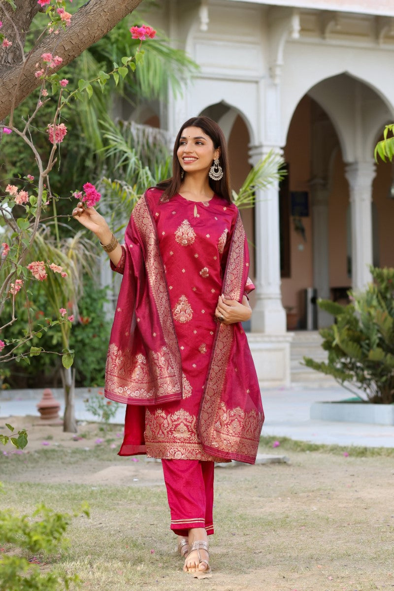 AHIKA Women Maroon Woven Design Kurta Trousers With Dupatta PKSKD1193