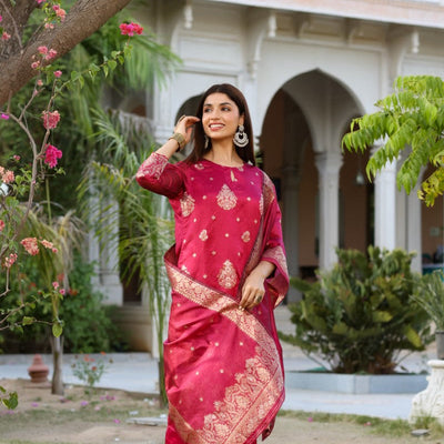 AHIKA Women Maroon Woven Design Kurta Trousers With Dupatta PKSKD1193