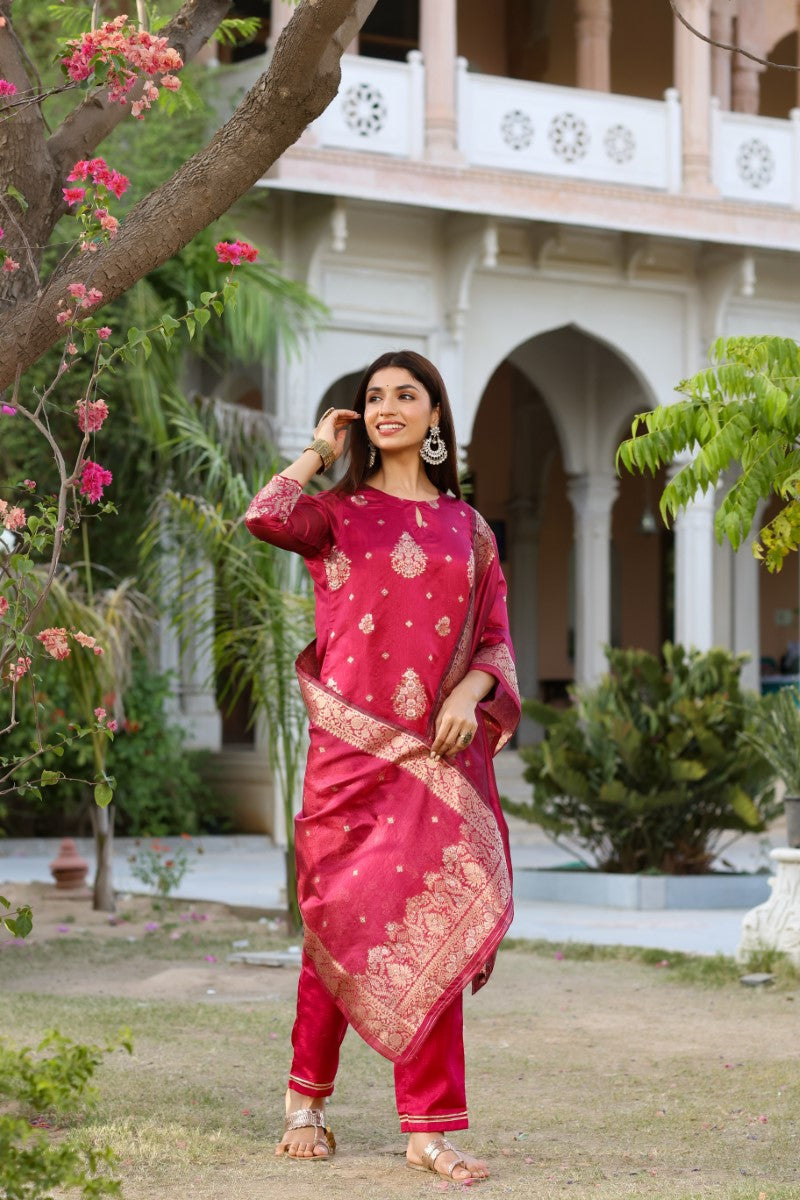AHIKA Women Maroon Woven Design Kurta Trousers With Dupatta PKSKD1193