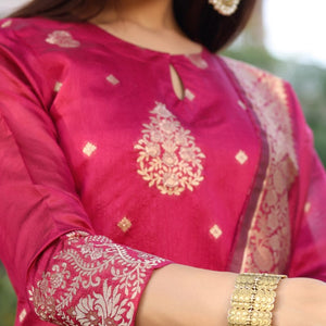 AHIKA Women Maroon Woven Design Kurta Trousers With Dupatta PKSKD1193