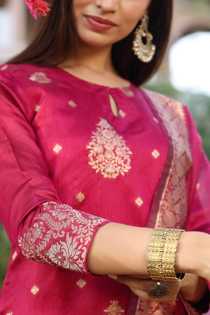 AHIKA Women Maroon Woven Design Kurta Trousers With Dupatta PKSKD1193