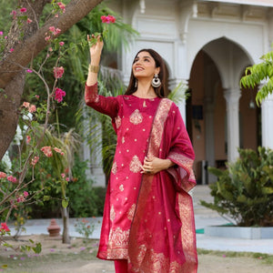 AHIKA Women Maroon Woven Design Kurta Trousers With Dupatta PKSKD1193