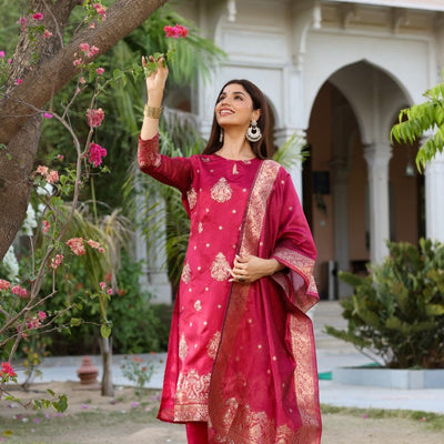 AHIKA Women Maroon Woven Design Kurta Trousers With Dupatta PKSKD1193