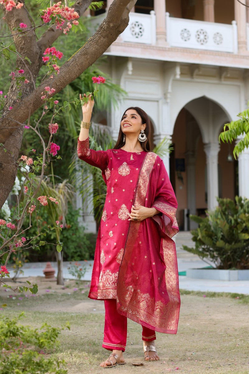 AHIKA Women Maroon Woven Design Kurta Trousers With Dupatta PKSKD1193