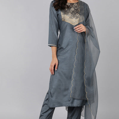 Grey Poly Silk Solid Straight Suit Set PKSKD1322