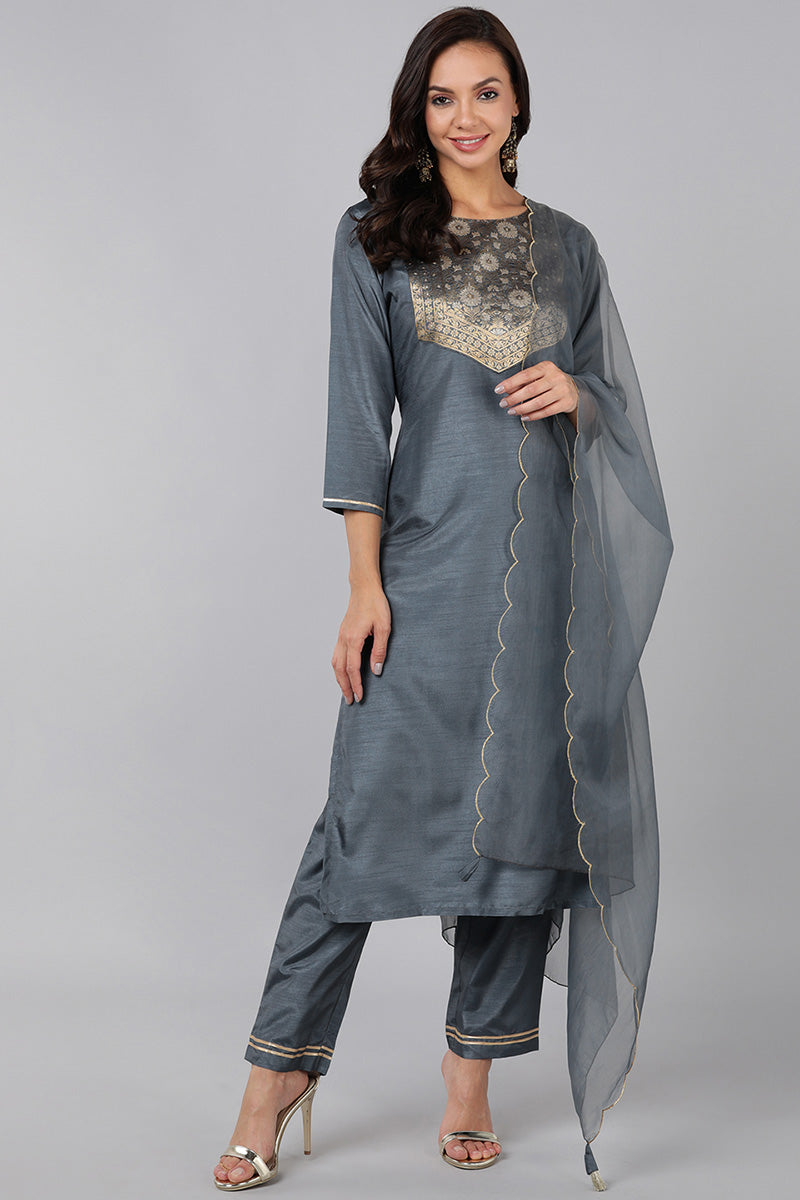 Grey Poly Silk Solid Straight Suit Set PKSKD1322