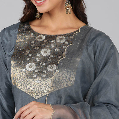 Grey Poly Silk Solid Straight Suit Set PKSKD1322