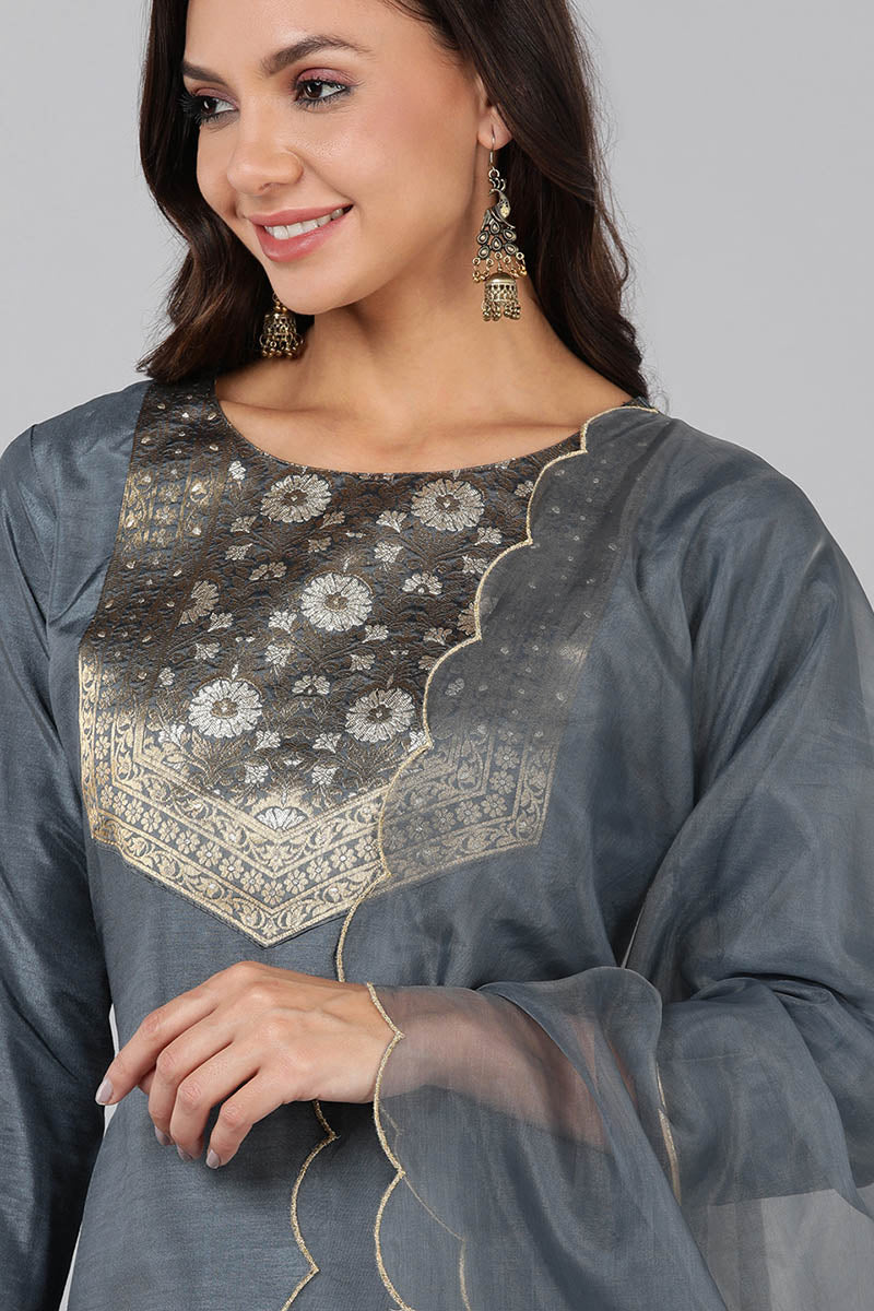 Grey Poly Silk Solid Straight Suit Set PKSKD1322